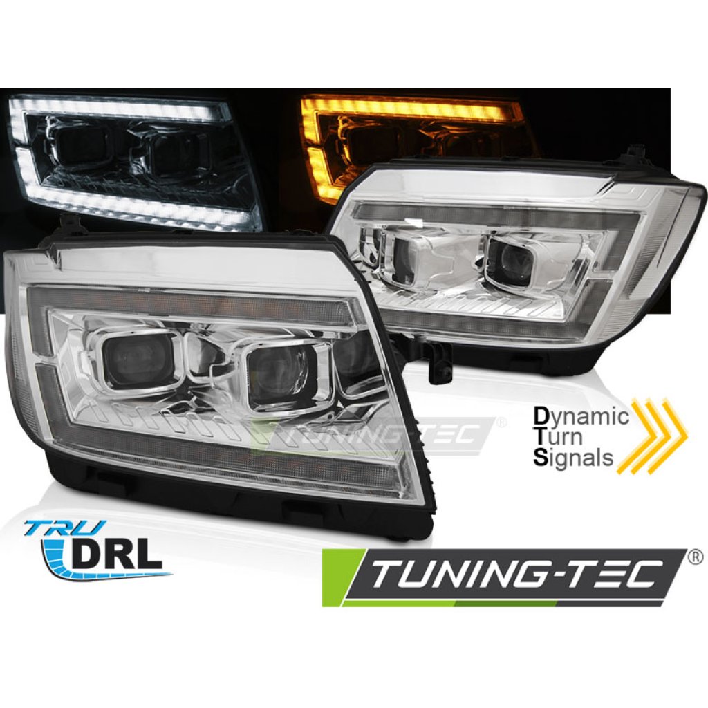Přední světla s LED dynamickým blinkrem, denní svícení, pro VW Crafter II 17- chromová