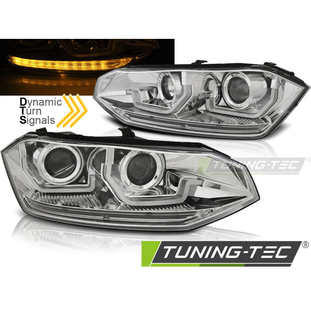 Přední světla s LED dynamickým blinkrem, LED Angel Eyes VW Polo VI 2G 17- chromová