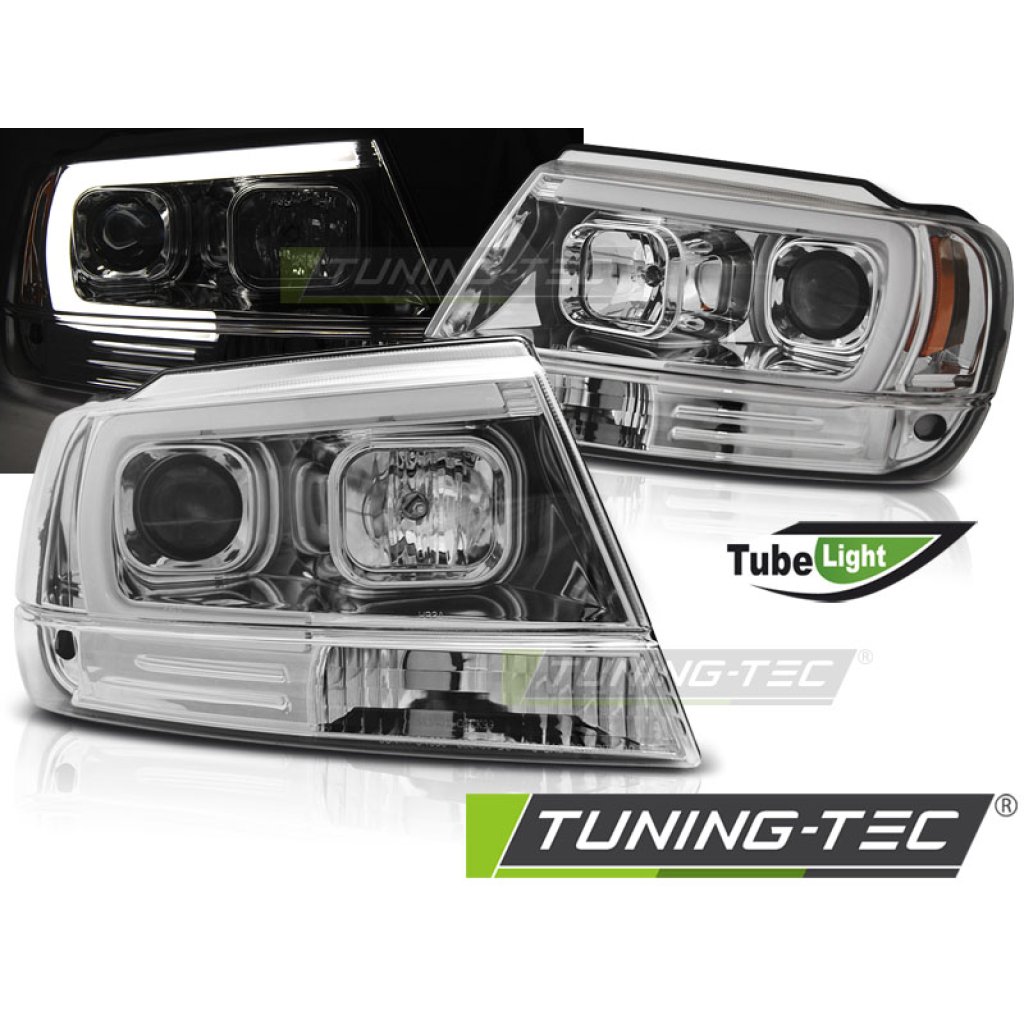 Přední světla s LED tube Jeep Grand Cherokee 99-05 chrom