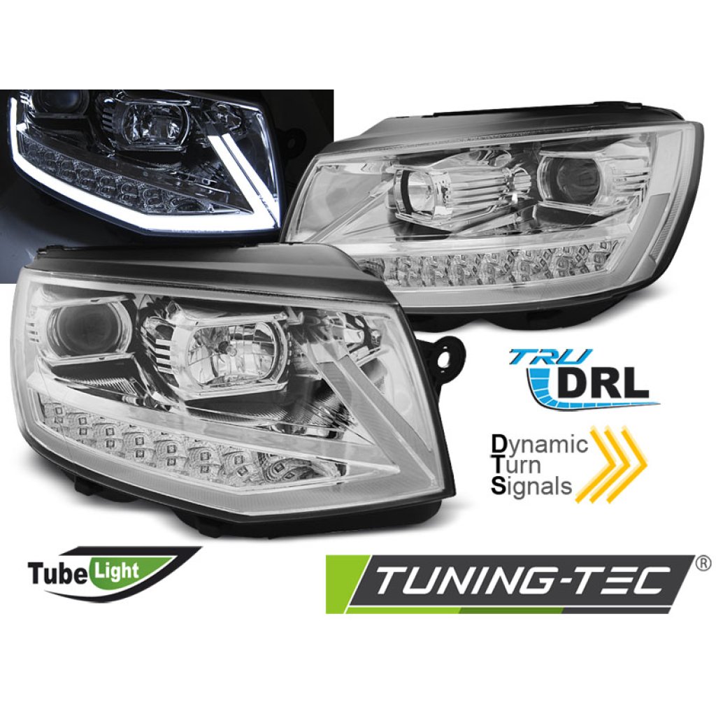 Přední světla TubeLights s LED denními světly, LED dynamický blinkr - VW T6 chrom