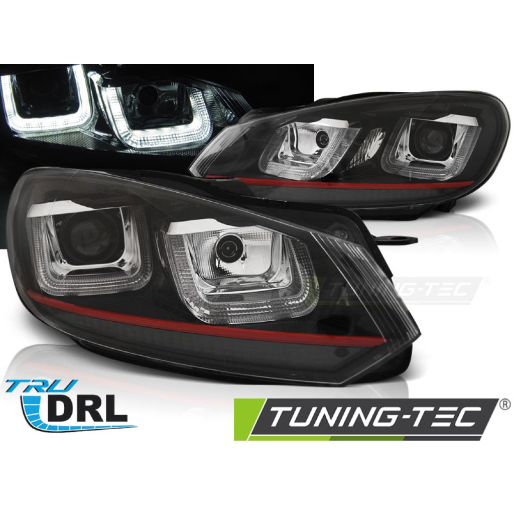 Přední světla U-LED denními světly BAR VW Golf 6 08-12 černé - red line