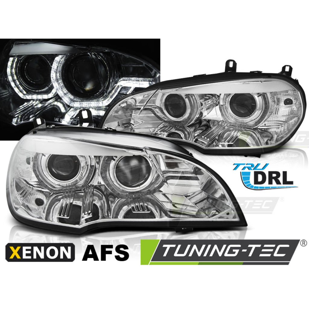 Přední světla xenon D1S 3D LED DRL angel eyes, AFS BMW X5 E70 07-10 chromová