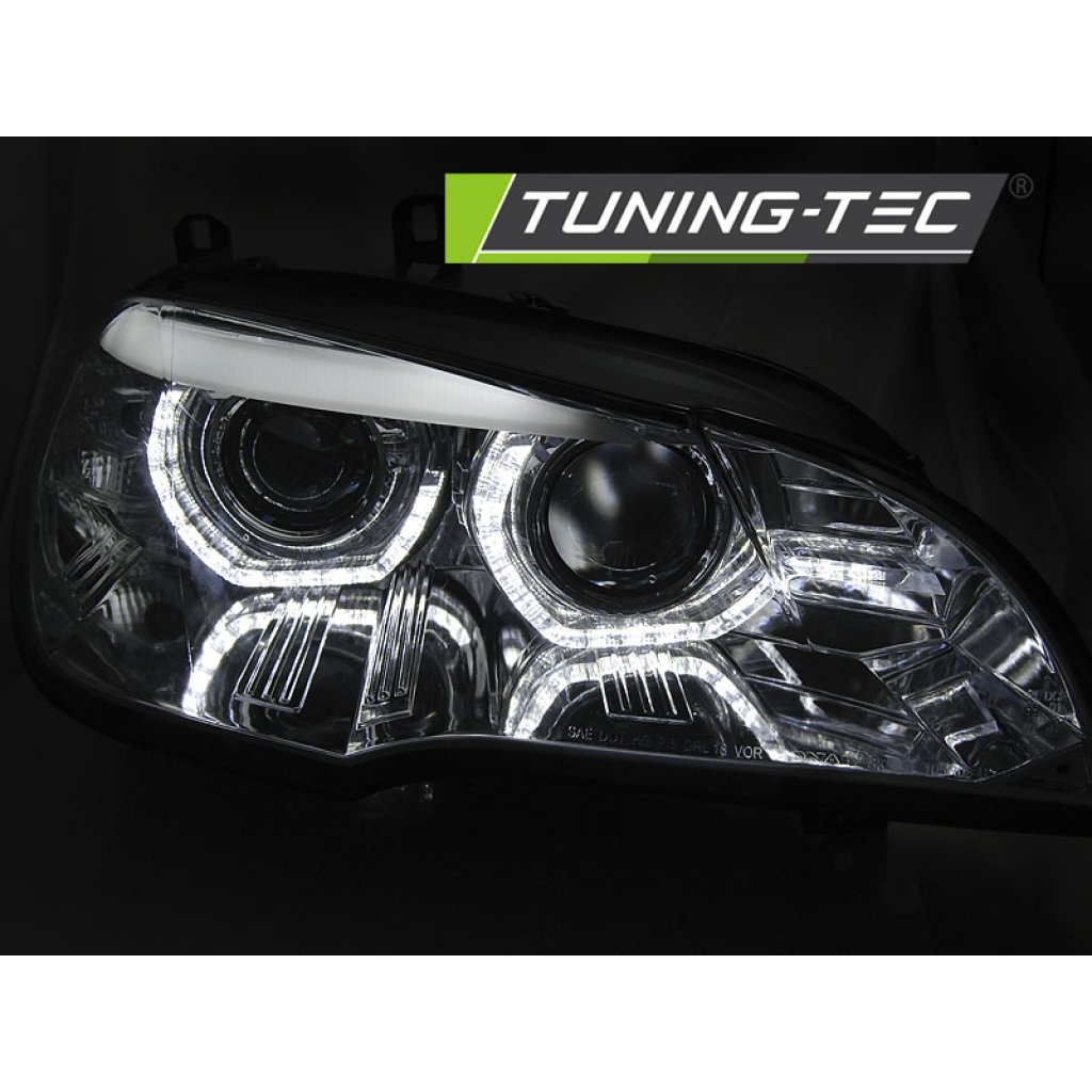 Přední světla xenon D1S 3D LED DRL angel eyes, AFS BMW X5 E70 07-10 chromová