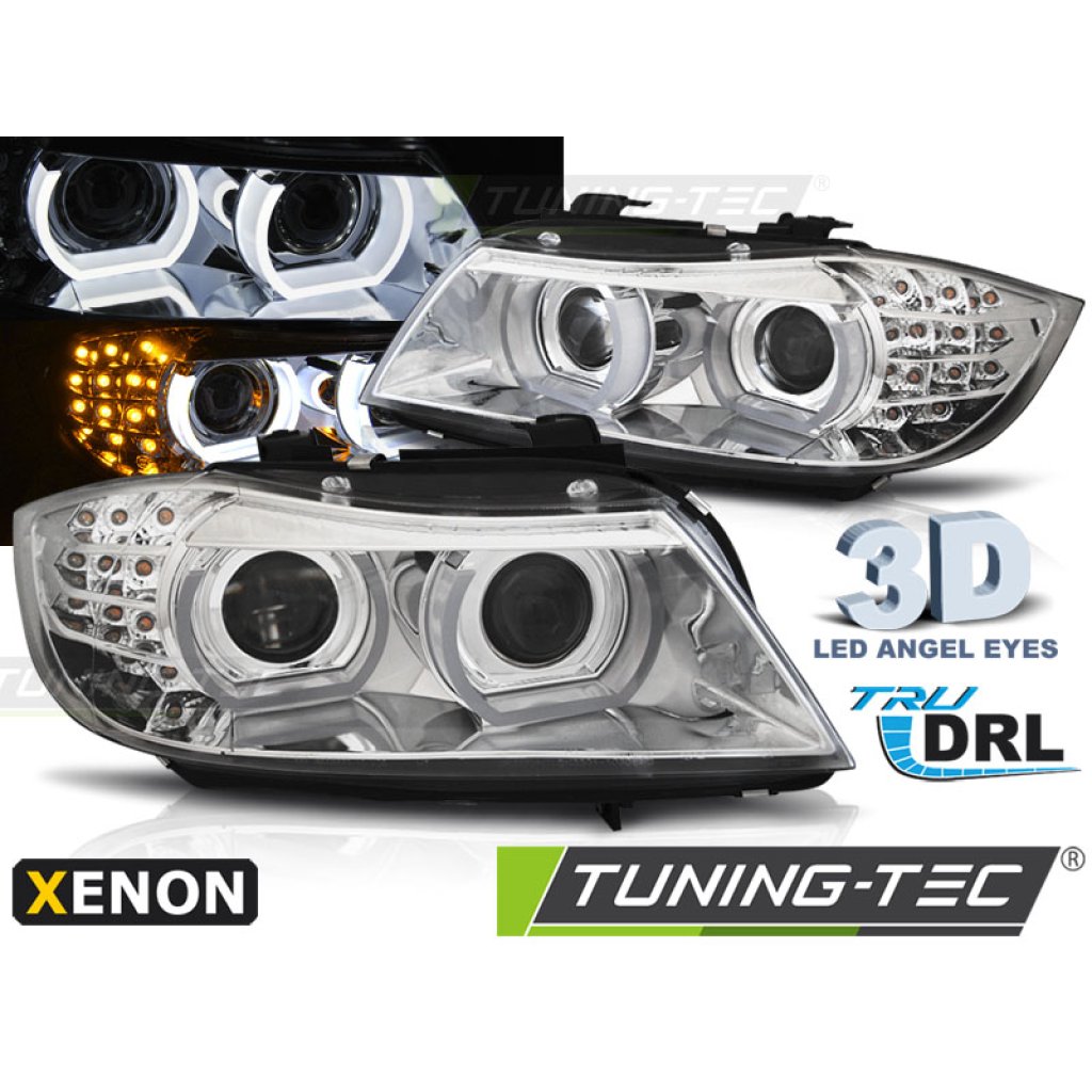 Přední světla xenon D1S, LED blinkr, DRL, BMW E90/E91 09-11 chromová