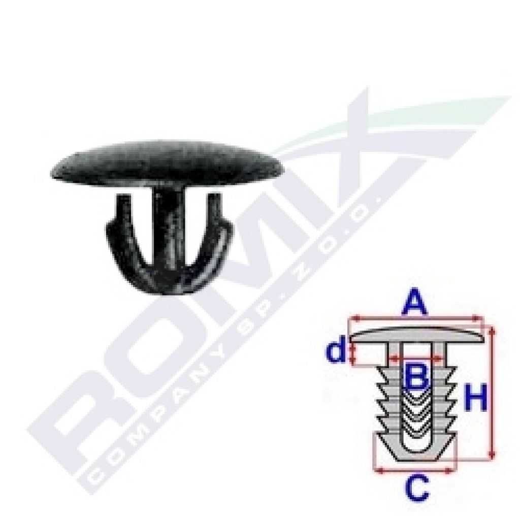 Příchytka krytu motoru A-13,7; B-5,5; C-7,5; d-3,7; H-10,6mm (balení 10ks)