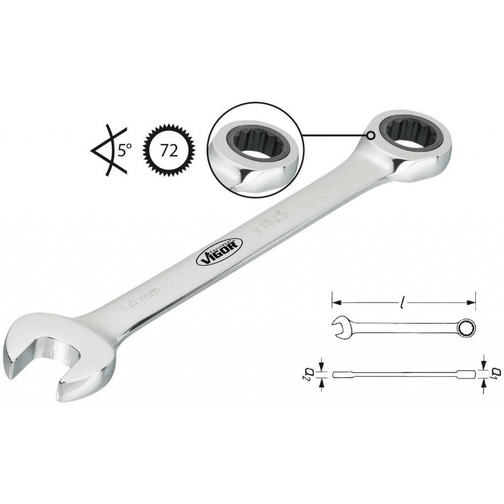 Ráčnový očkoplochý klíč, SW 12 mm, dlouhé provedení VIGOR V1022