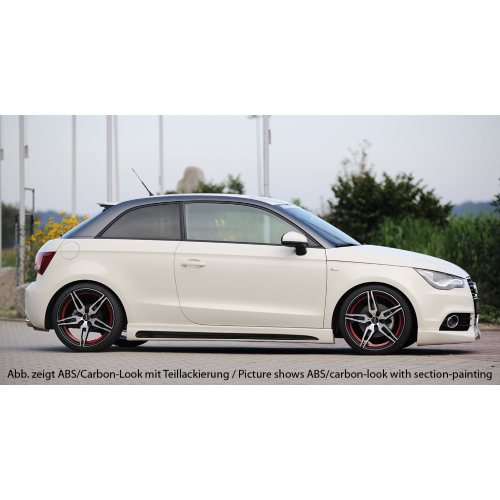 Rieger boční práh mont. strana levá pro Audi A1 8X 3-dvéř., 5-dvéř. (sportback) vč. faceliftu, r.v. 02/15-, 08/10-12/14, plast ABS s povrchovou úpravou Carbon-Look, s prolisem a výřezem