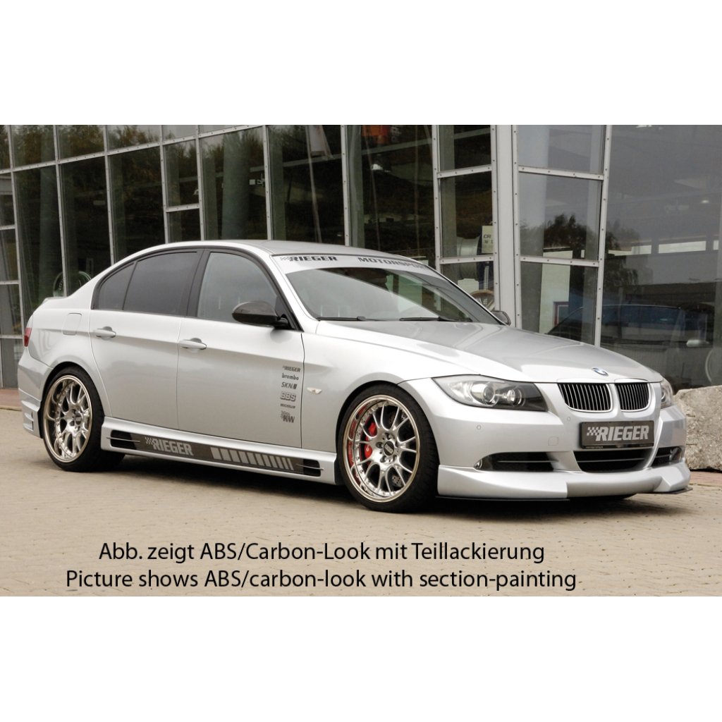 Rieger boční práh mont. strana levá pro BMW řada 3 E90, E91 sedan, touring vč. faceliftu, r.v. 03/05-08/08, 08/05-08/08, 09/08-, plast ABS s povrchovou úpravou Carbon-Look, s prolisem, s prolisem a dvěma výřezy
