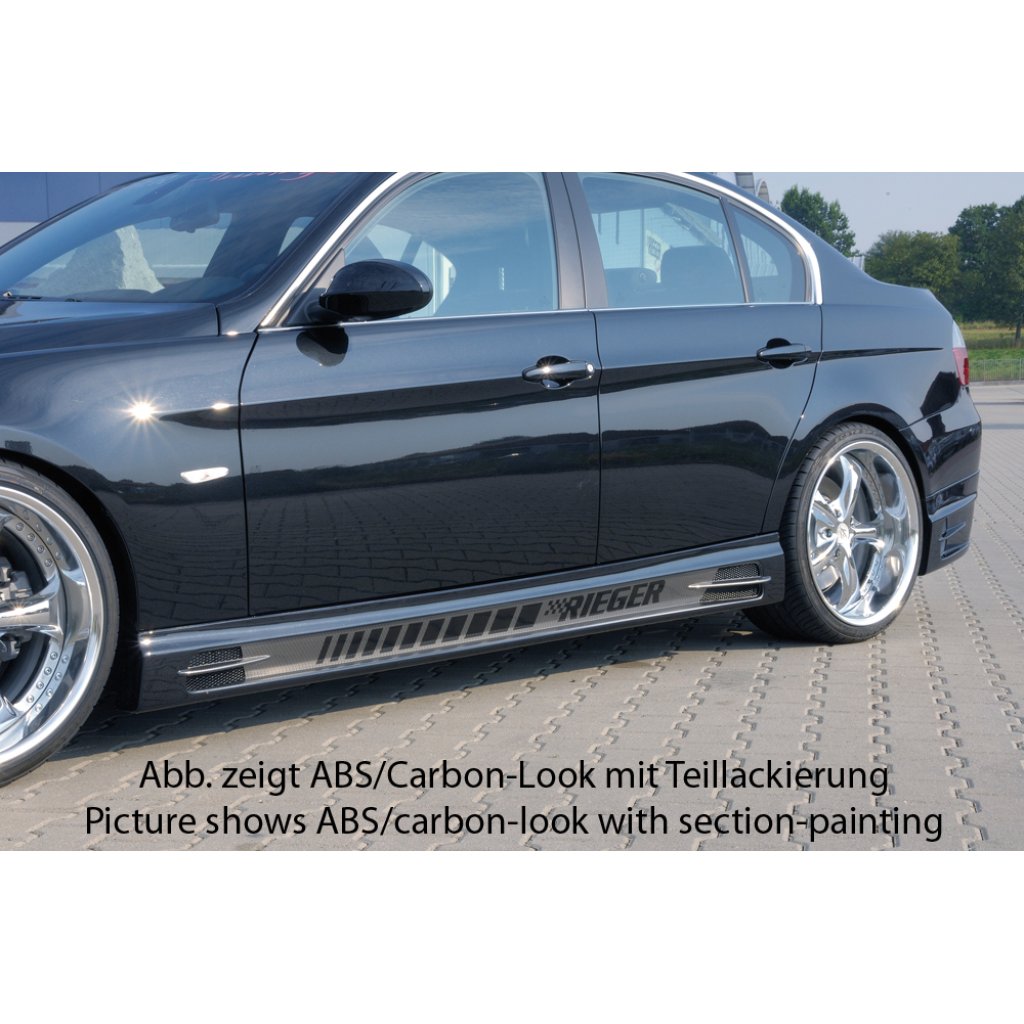 Rieger boční práh mont. strana levá pro BMW řada 3 E90, E91 sedan, touring vč. faceliftu, r.v. 03/05-08/08, 08/05-08/08, 09/08-, plast ABS s povrchovou úpravou Carbon-Look, s prolisem, s prolisem a dvěma výřezy