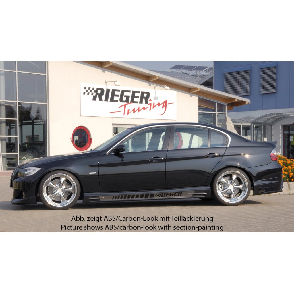Rieger boční práh mont. strana levá pro BMW řada 3 E90, E91 sedan, touring vč. faceliftu, r.v. 03/05-08/08, 08/05-08/08, 09/08-, plast ABS s povrchovou úpravou Carbon-Look, s prolisem, s prolisem a dvěma výřezy