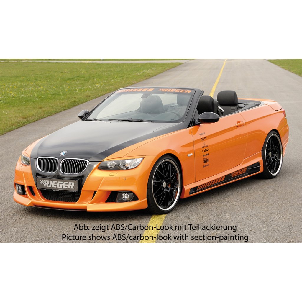 Rieger boční práh mont. strana levá pro BMW řada 3 E92, E93 kabriolet, kupé vč. faceliftu, r.v. 03/07-02/10, 03/10-, 09/06-02/10, plast ABS s povrchovou úpravou Carbon-Look, s prolisem, s prolisem a dvěma výřezy