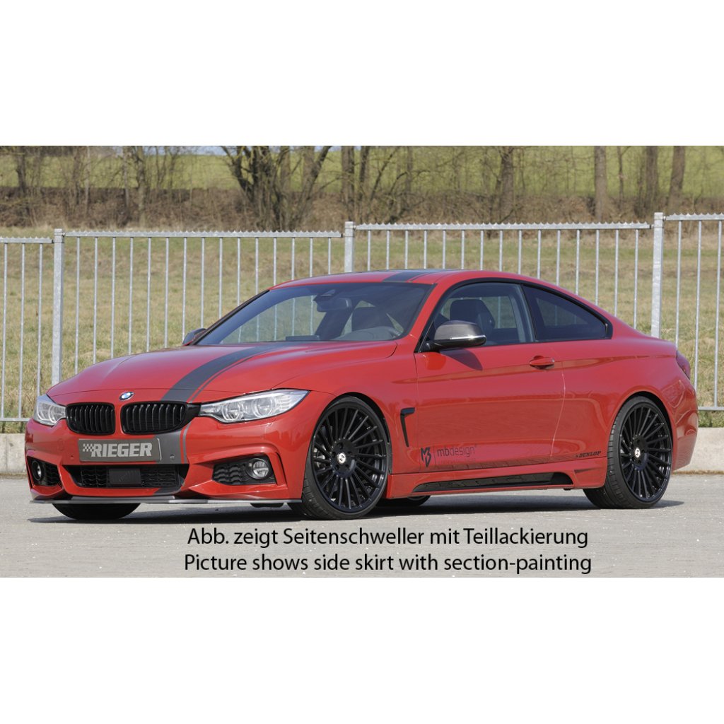 Rieger boční práh mont. strana levá pro BMW řada 4 F32, F33 coupe (3-dvéř.), kabriolet vč. faceliftu, r.v. 03/13-06/15, 07/15-, 11/12-06/15, plast ABS s povrchovou úpravou Carbon-Look, s prolisem a výřezem
