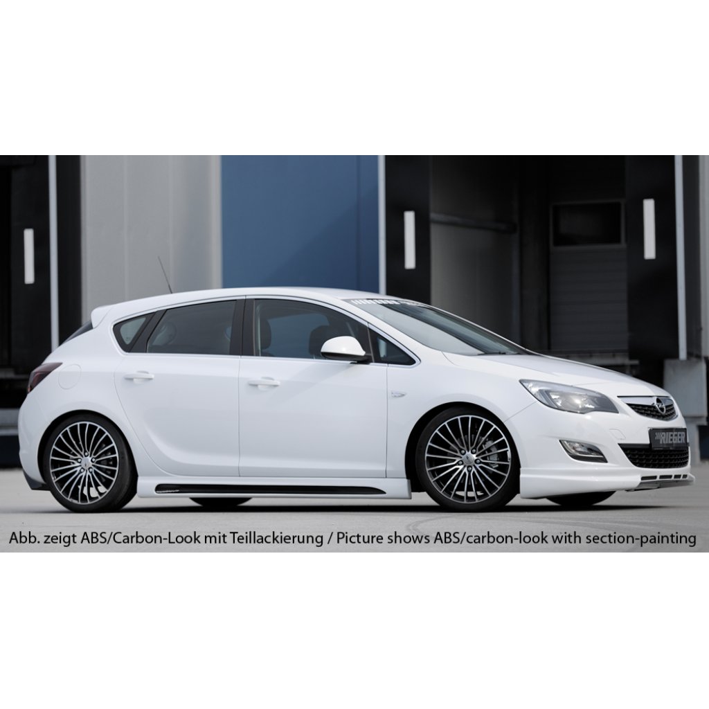 Rieger boční práh mont. strana levá pro Opel Astra J 5-dvéř., hatchback, sedan/notchback, sports tourer vč. faceliftu, r.v. 10/12-, 11/08-09/12, plast ABS s povrchovou úpravou Carbon-Look, s prolisem a výřezem