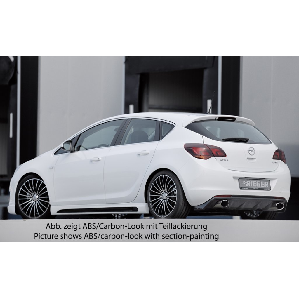 Rieger boční práh mont. strana levá pro Opel Astra J 5-dvéř., hatchback, sedan/notchback, sports tourer vč. faceliftu, r.v. 10/12-, 11/08-09/12, plast ABS s povrchovou úpravou Carbon-Look, s prolisem a výřezem