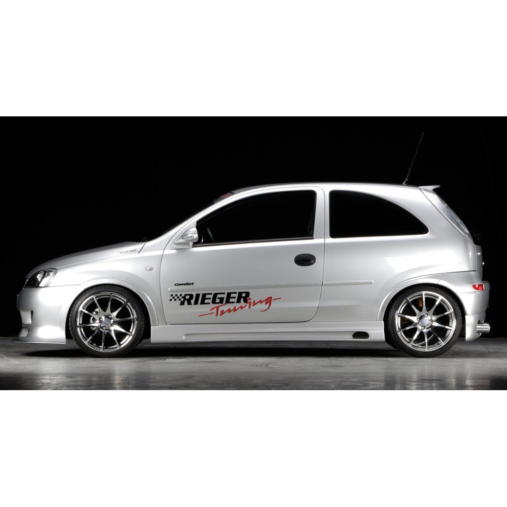 Rieger boční práh mont. strana levá pro Opel Corsa C 3-dvéř. vč. faceliftu, r.v. 06/03-, 09/00-05/03, plast ABS bez povrchové úpravy, s prolisem a výřezem