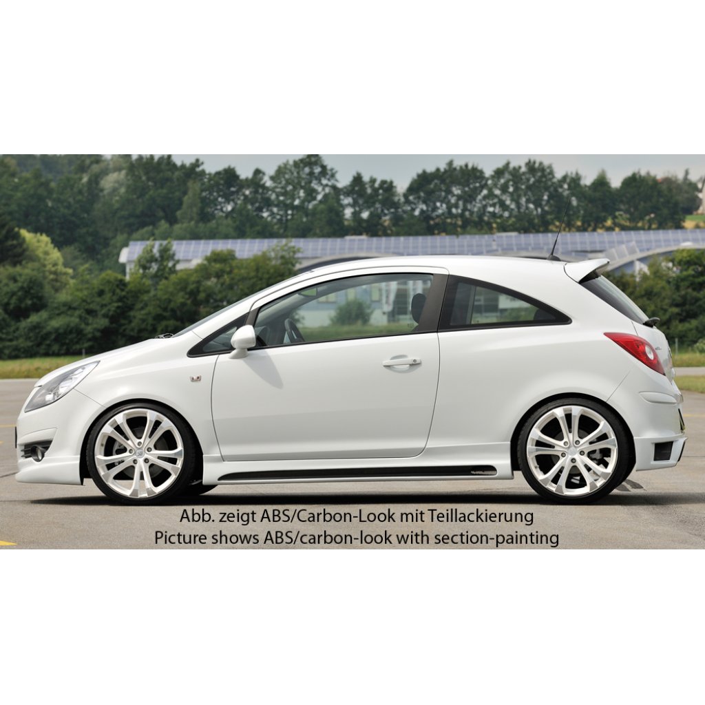 Rieger boční práh mont. strana levá pro Opel Corsa D 3-dvéř. vč. faceliftu, r.v. 01/11-, 07/06-12/10, plast ABS s povrchovou úpravou Carbon-Look, s prolisem a výřezem