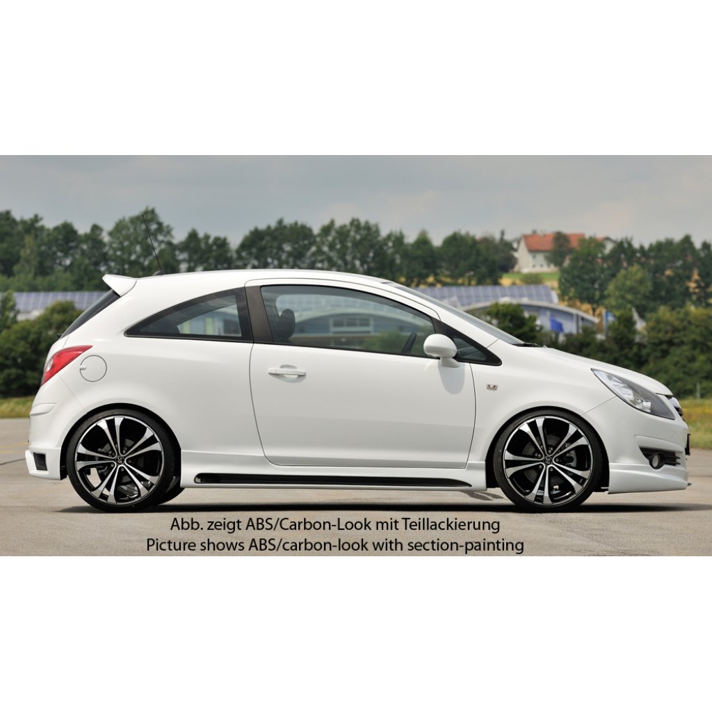 Rieger boční práh mont. strana pravá pro Opel Corsa D 3-dvéř. vč. faceliftu, r.v. 01/11-, 07/06-12/10, plast ABS s povrchovou úpravou Carbon-Look, s prolisem a výřezem