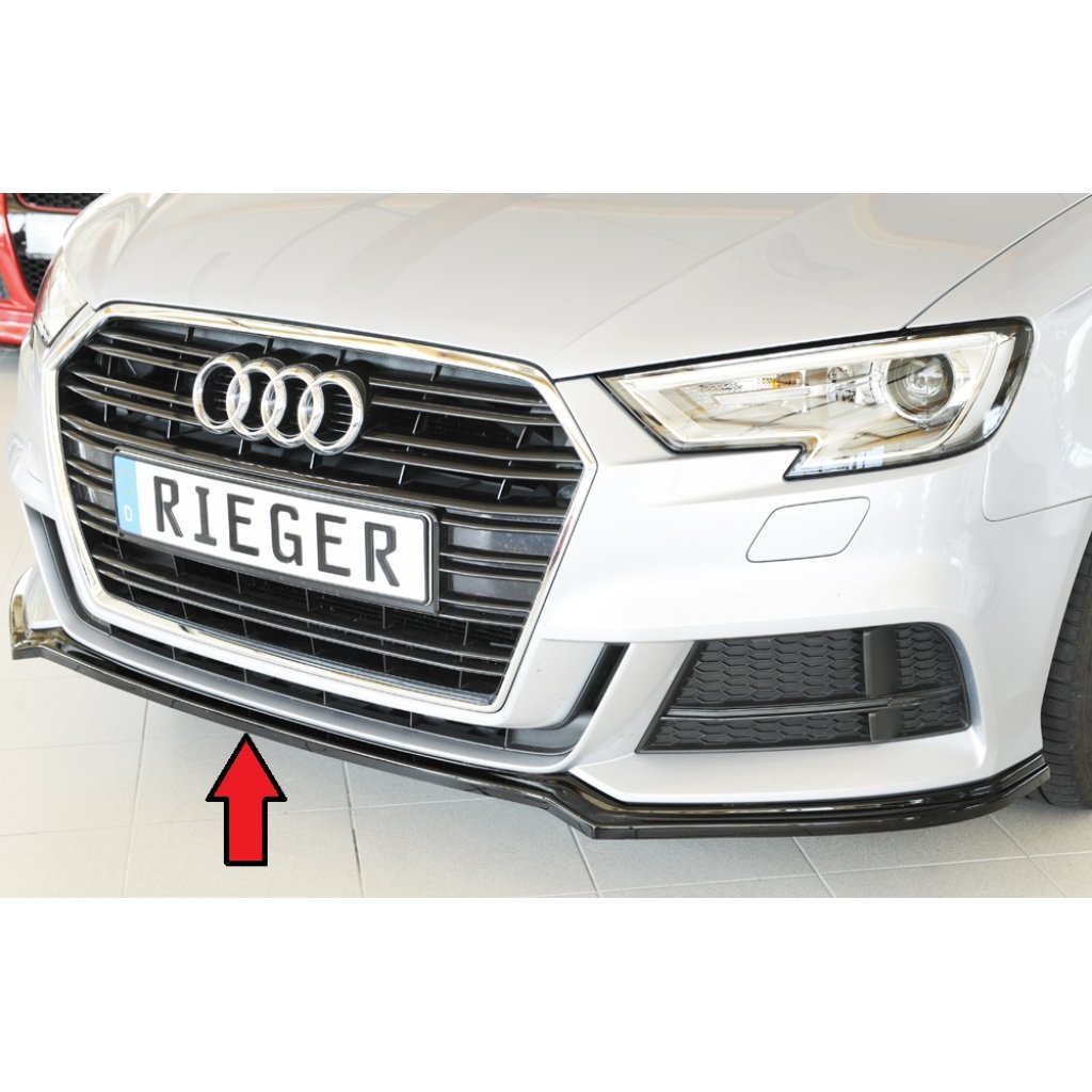 Rieger lipa pod přední nárazník pro Audi A3 8V 3-dvéř. (hatchback 8V1), 5-dvéř. (sportback 8VA) po faceliftu, 09/16-, plast ABS lakovaný do černé lesklé barvy