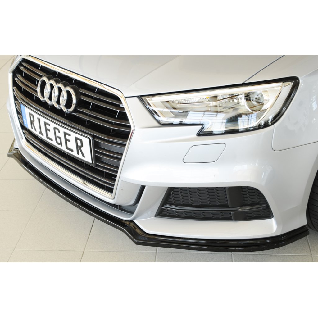 Rieger lipa pod přední nárazník pro Audi A3 8V 3-dvéř. (hatchback 8V1), 5-dvéř. (sportback 8VA) po faceliftu, 09/16-, plast ABS lakovaný do černé lesklé barvy