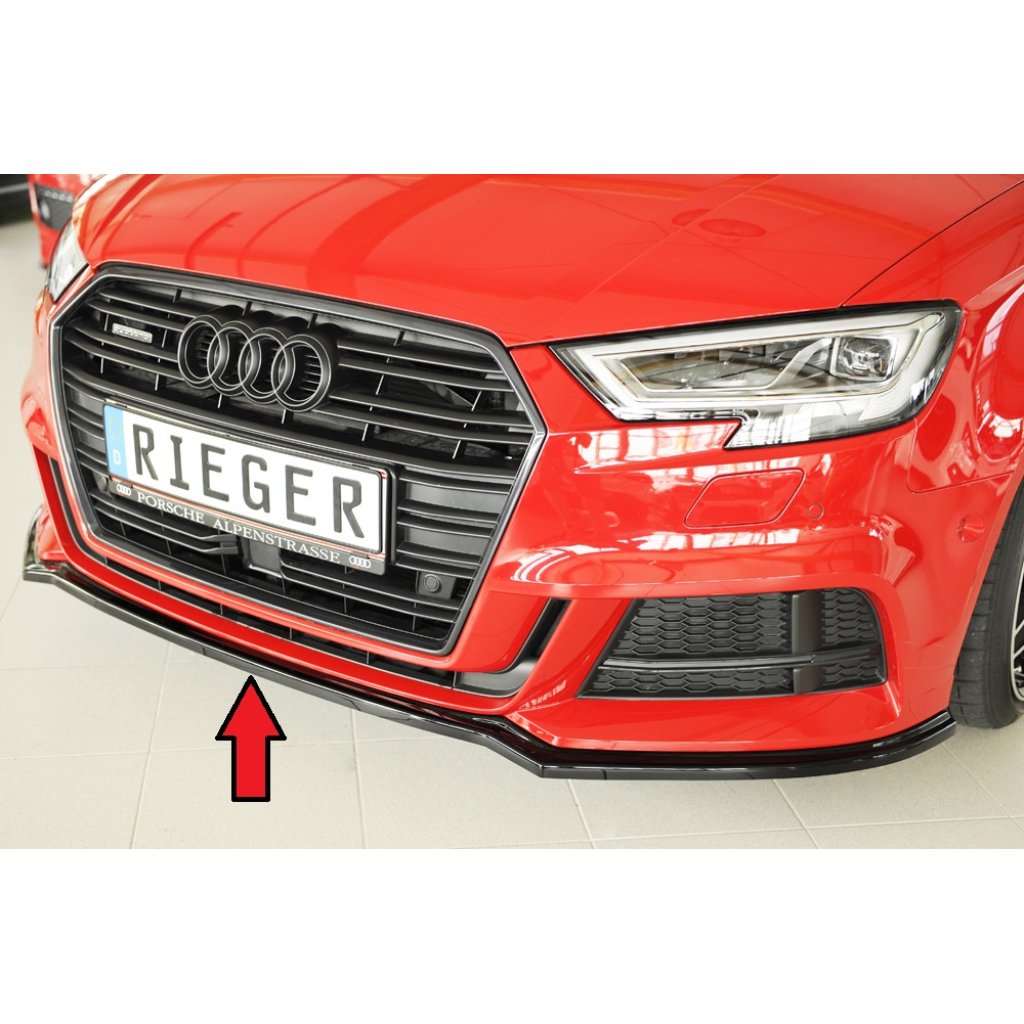Rieger lipa pod přední nárazník pro Audi A3 S3 8V 3-dvéř. (convertible 8V7), 5-dvéř. (sedan 8VS) po faceliftu, 09/16-, plast ABS lakovaný do černé lesklé barvy