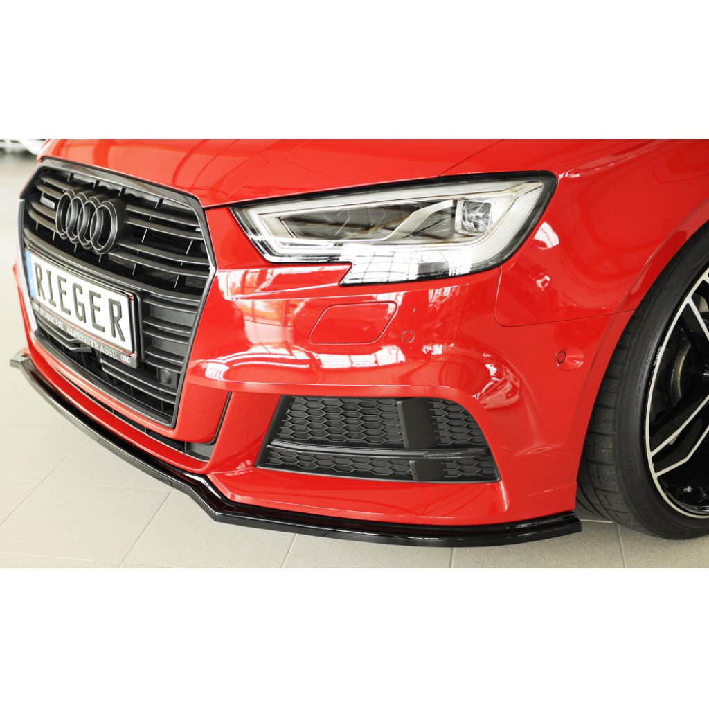 Rieger lipa pod přední nárazník pro Audi A3 S3 8V 3-dvéř. (convertible 8V7), 5-dvéř. (sedan 8VS) po faceliftu, 09/16-, plast ABS lakovaný do černé lesklé barvy