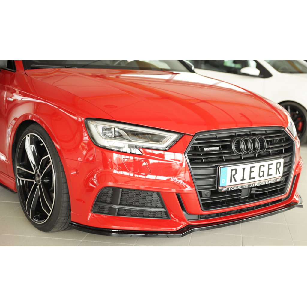 Rieger lipa pod přední nárazník pro Audi A3 S3 8V 3-dvéř. (convertible 8V7), 5-dvéř. (sedan 8VS) po faceliftu, 09/16-, plast ABS lakovaný do černé lesklé barvy