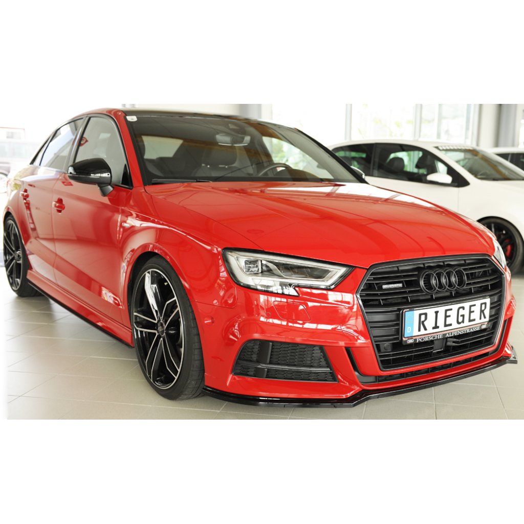 Rieger lipa pod přední nárazník pro Audi A3 S3 8V 3-dvéř. (convertible 8V7), 5-dvéř. (sedan 8VS) po faceliftu, 09/16-, plast ABS lakovaný do černé lesklé barvy