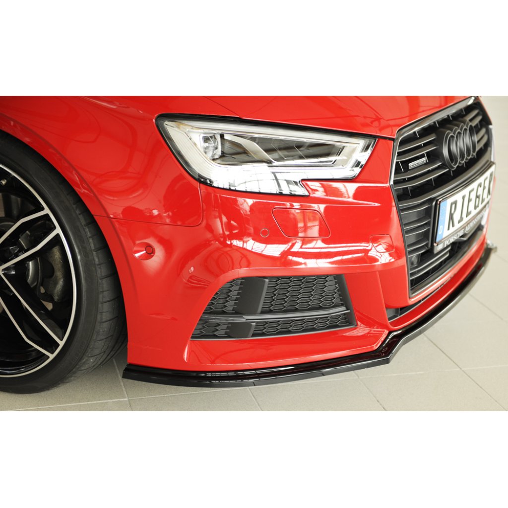 Rieger lipa pod přední nárazník pro Audi A3 S3 8V 3-dvéř. (convertible 8V7), 5-dvéř. (sedan 8VS) po faceliftu, 09/16-, plast ABS lakovaný do černé lesklé barvy
