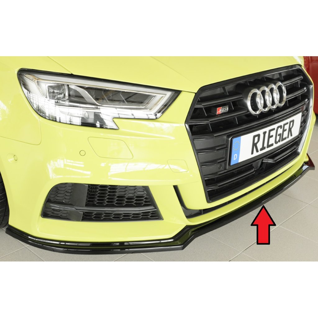 Rieger lipa pod přední nárazník pro Audi A3 S3 8V 3-dvéř. (hatchback 8V1), 5-dvéř. (sportback 8VA) po faceliftu, 09/16-, plast ABS lakovaný do černé lesklé barvy