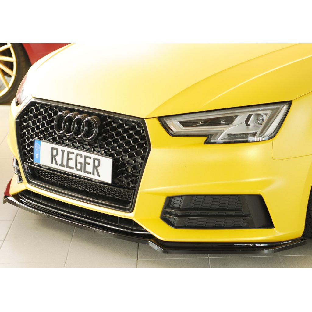 Rieger lipa pod přední nárazník pro Audi A4 B9, F4 avant, 08/15-07/18, plast ABS lakovaný do černé lesklé barvy