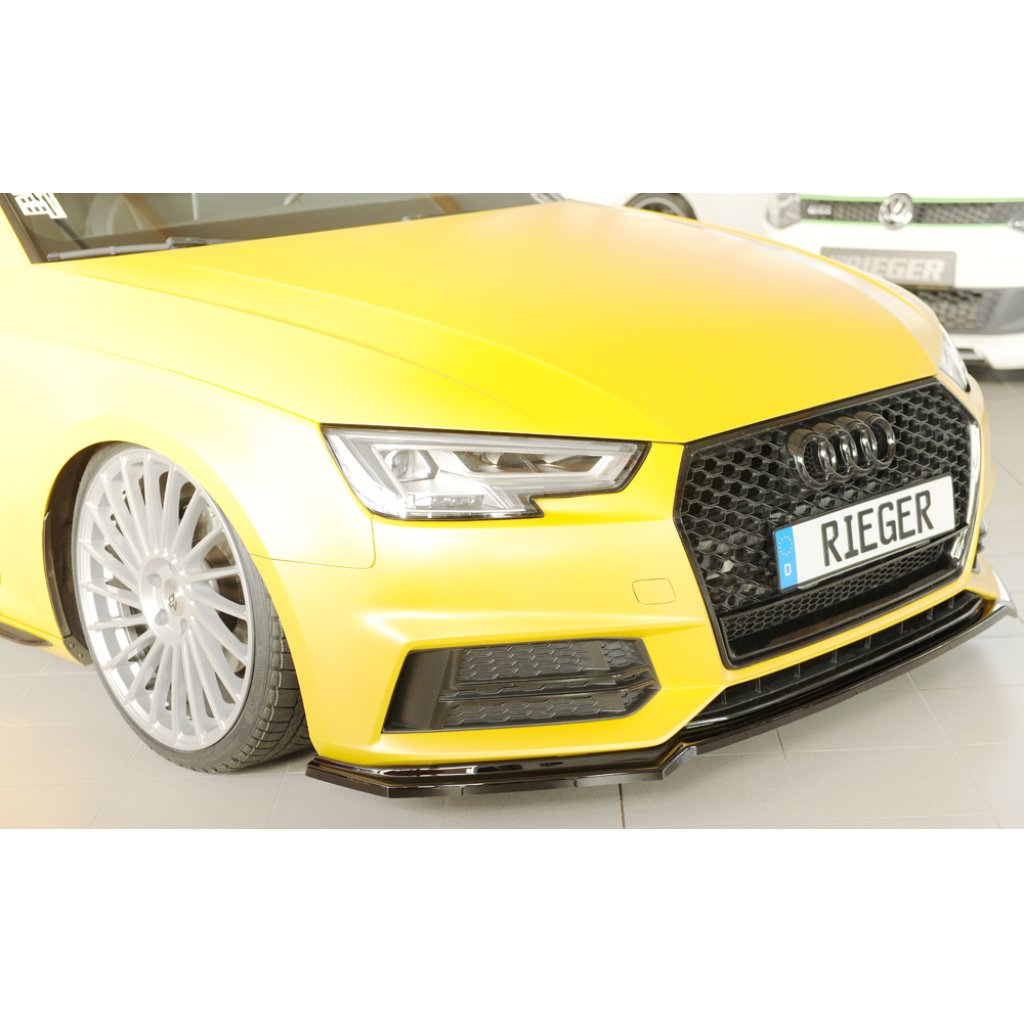 Rieger lipa pod přední nárazník pro Audi A4 S4 B9, F4 avant, 08/15-07/18, plast ABS lakovaný do černé lesklé barvy