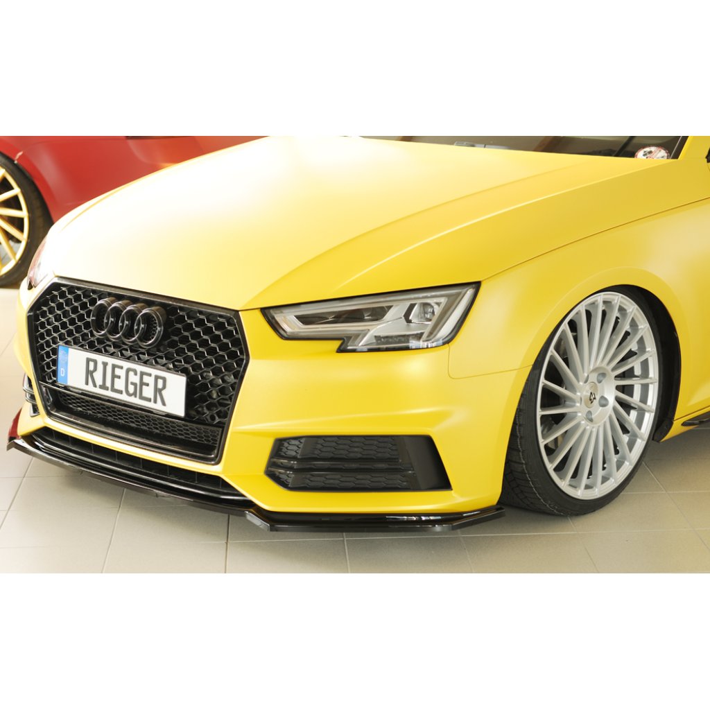 Rieger lipa pod přední nárazník pro Audi A4 S4 B9, F4 avant, 08/15-07/18, plast ABS lakovaný do černé lesklé barvy