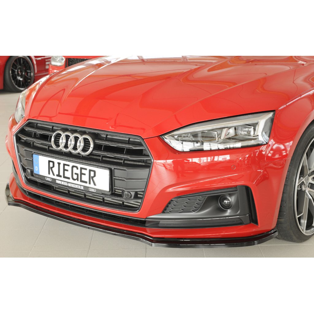 Rieger lipa pod přední nárazník pro Audi A5 S5 B9, F5 kabriolet, kupé, Sportback před faceliftem, 11/16-12/19, plast ABS lakovaný do černé lesklé barvy