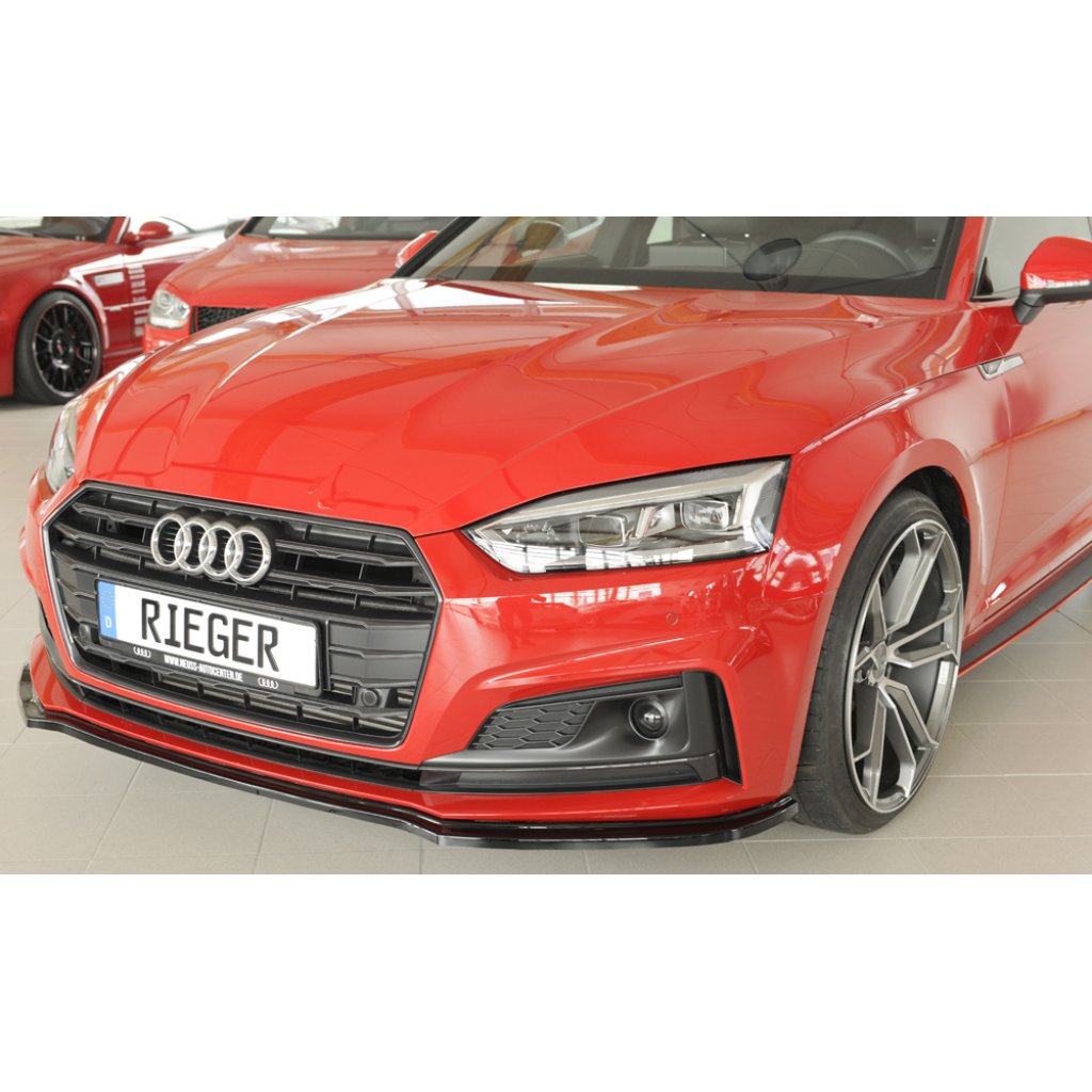 Rieger lipa pod přední nárazník pro Audi A5 S5 B9, F5 kabriolet, kupé, Sportback před faceliftem, 11/16-12/19, plast ABS lakovaný do černé lesklé barvy