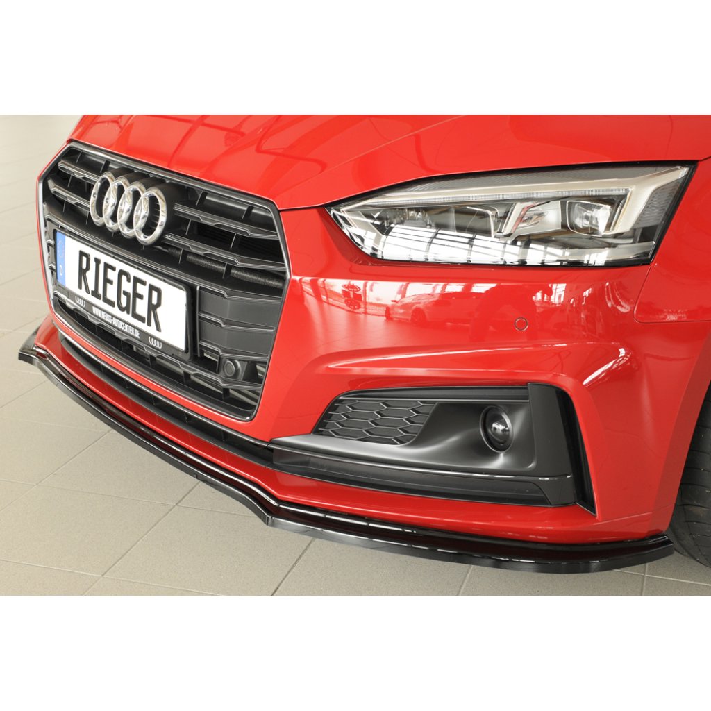 Rieger lipa pod přední nárazník pro Audi A5 S5 B9, F5 kabriolet, kupé, Sportback před faceliftem, 11/16-12/19, plast ABS lakovaný do černé lesklé barvy