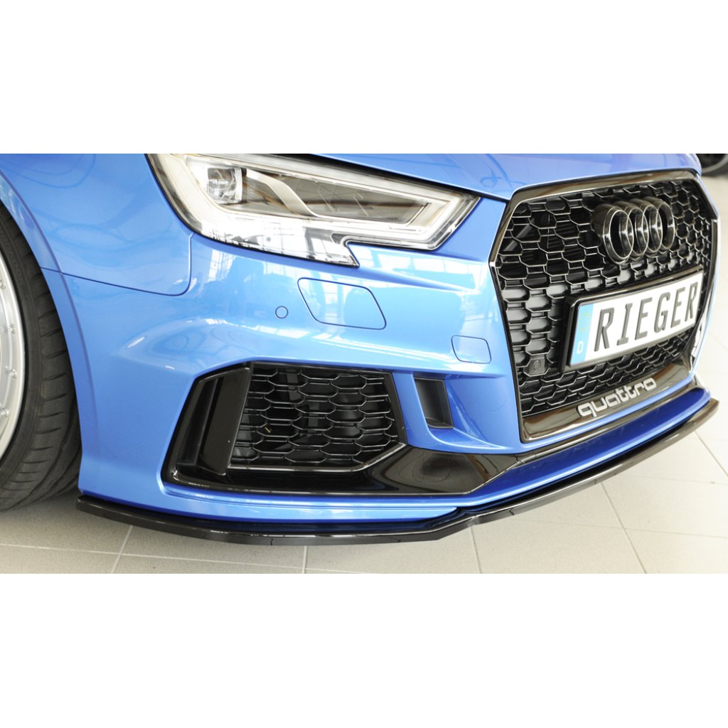 Rieger lipa pod přední nárazník pro Audi RS3 8V 5-dvéř. (sedan 8VS / 8VM), 5-dvéř. (sportback 8VA / 8VF) po faceliftu, 02/17-, plast ABS lakovaný do černé lesklé barvy