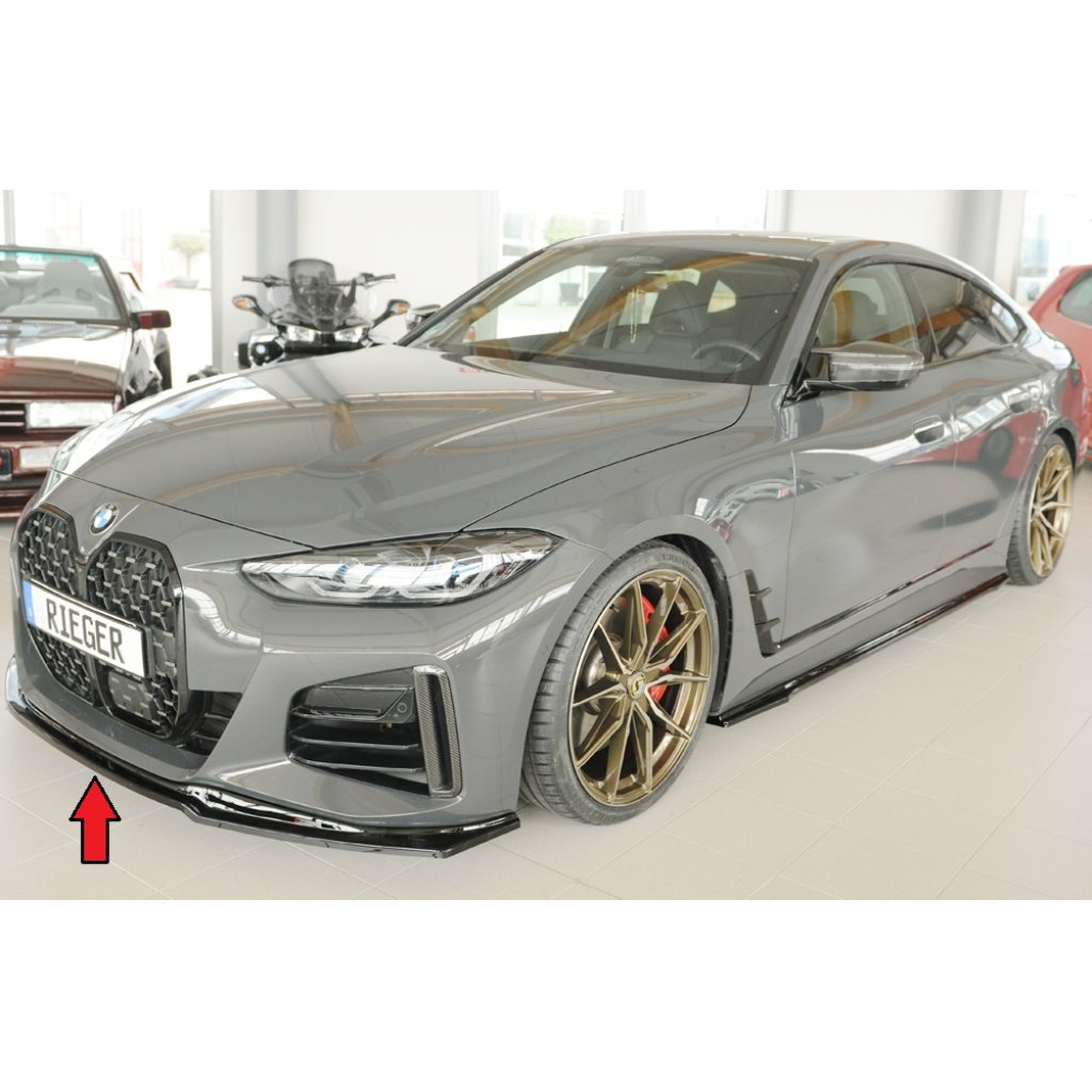 Rieger lipa pod přední nárazník pro BMW i4 M G26 gran coupe (5-dvéř.), plast ABS lakovaný do černé lesklé barvy