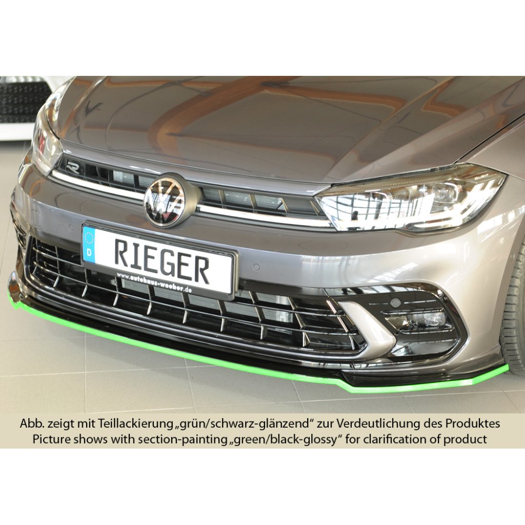 Rieger lipa pod přední nárazník pro Volkswagen Polo AW 5-dvéř., 06/21-, plast ABS lakovaný do černé lesklé barvy