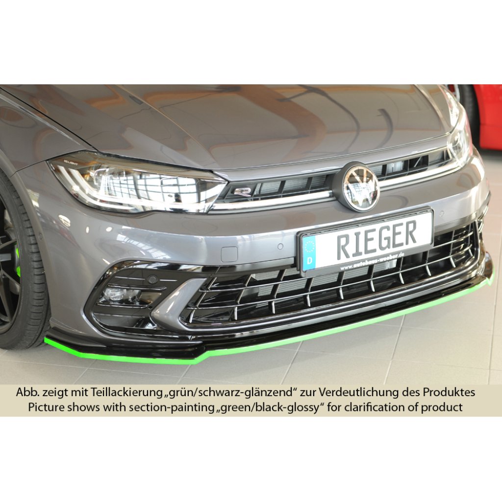 Rieger lipa pod přední nárazník pro Volkswagen Polo AW 5-dvéř., 06/21-, plast ABS lakovaný do černé lesklé barvy