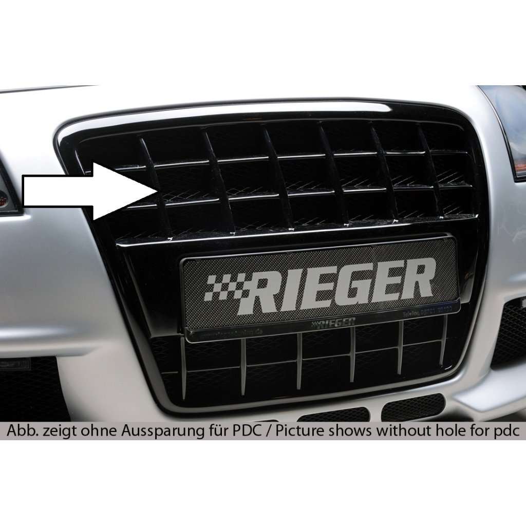 Rieger maska chladiče s integrovaným držákem SPZ pro Audi A4 8H kabriolet před faceliftem, plast ABS lakovaný do černé lesklé barvy, pro vozy s parkovacím asistentem (PDC)