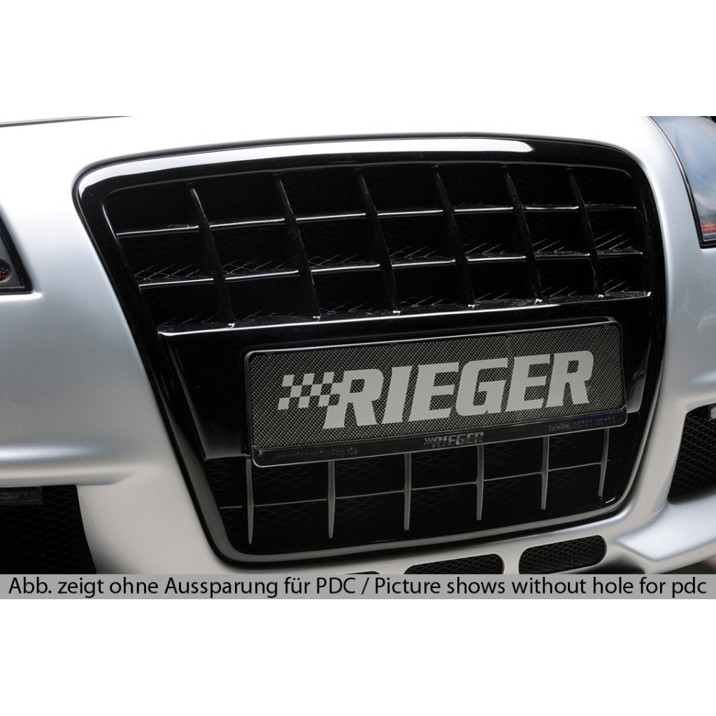 Rieger maska chladiče s integrovaným držákem SPZ pro Audi A4 8H kabriolet před faceliftem, plast ABS lakovaný do černé lesklé barvy, pro vozy s parkovacím asistentem (PDC)