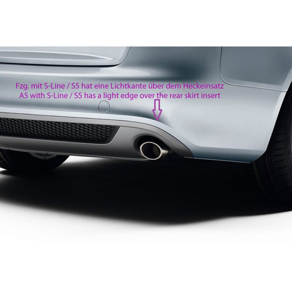 Rieger spoiler pod zadní nárazník pro Audi A5 B8, B81 kabriolet, kupé před faceliftem r.v. 06/07-07/11, plast ABS bez povrchové úpravy, pro dvojité koncovky na obou stranách 4x115x85 mm