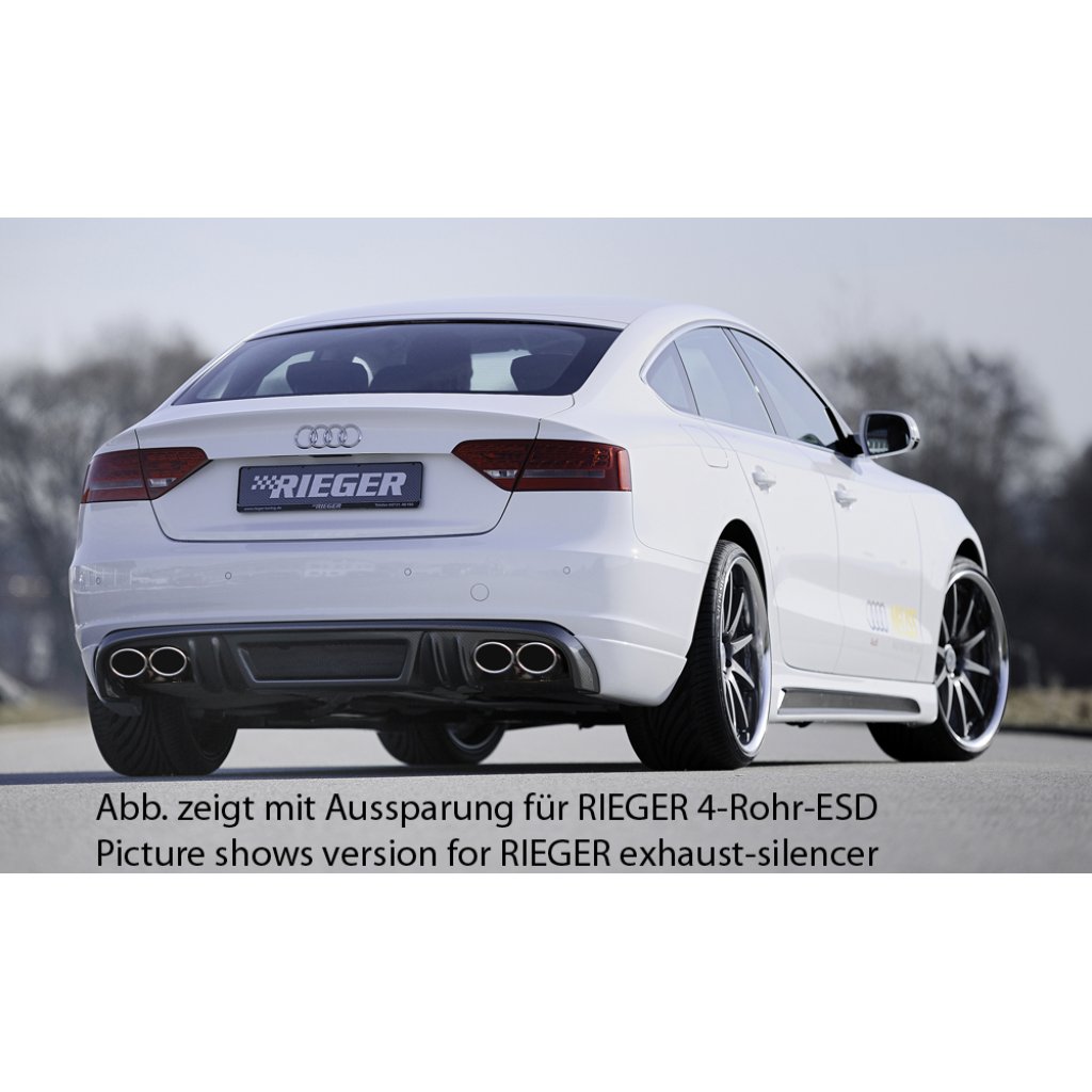 Rieger spoiler pod zadní nárazník pro Audi A5 B8, B81 Sportback před faceliftem r.v. 06/07-07/11, plast ABS s povrchovou úpravou Carbon-Look, mimo S-Line, pro orig. dvojitou koncovku vlevo