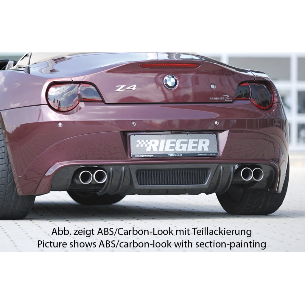 Rieger spoiler pod zadní nárazník pro BMW Z4 E85 roadster před faceliftem r.v. 02/03-12/05, plast ABS bez povrchové úpravy, pro vozy s dvojitou koncovkou na obou stranách 4x76 mm