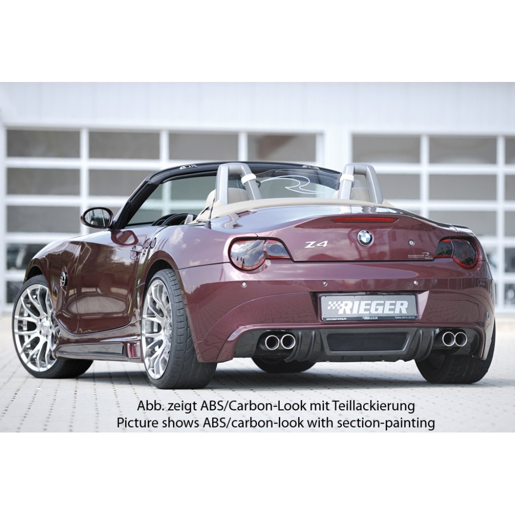 Rieger spoiler pod zadní nárazník pro BMW Z4 E85 roadster před faceliftem r.v. 02/03-12/05, plast ABS bez povrchové úpravy, pro vozy s dvojitou koncovkou na obou stranách 4x76 mm
