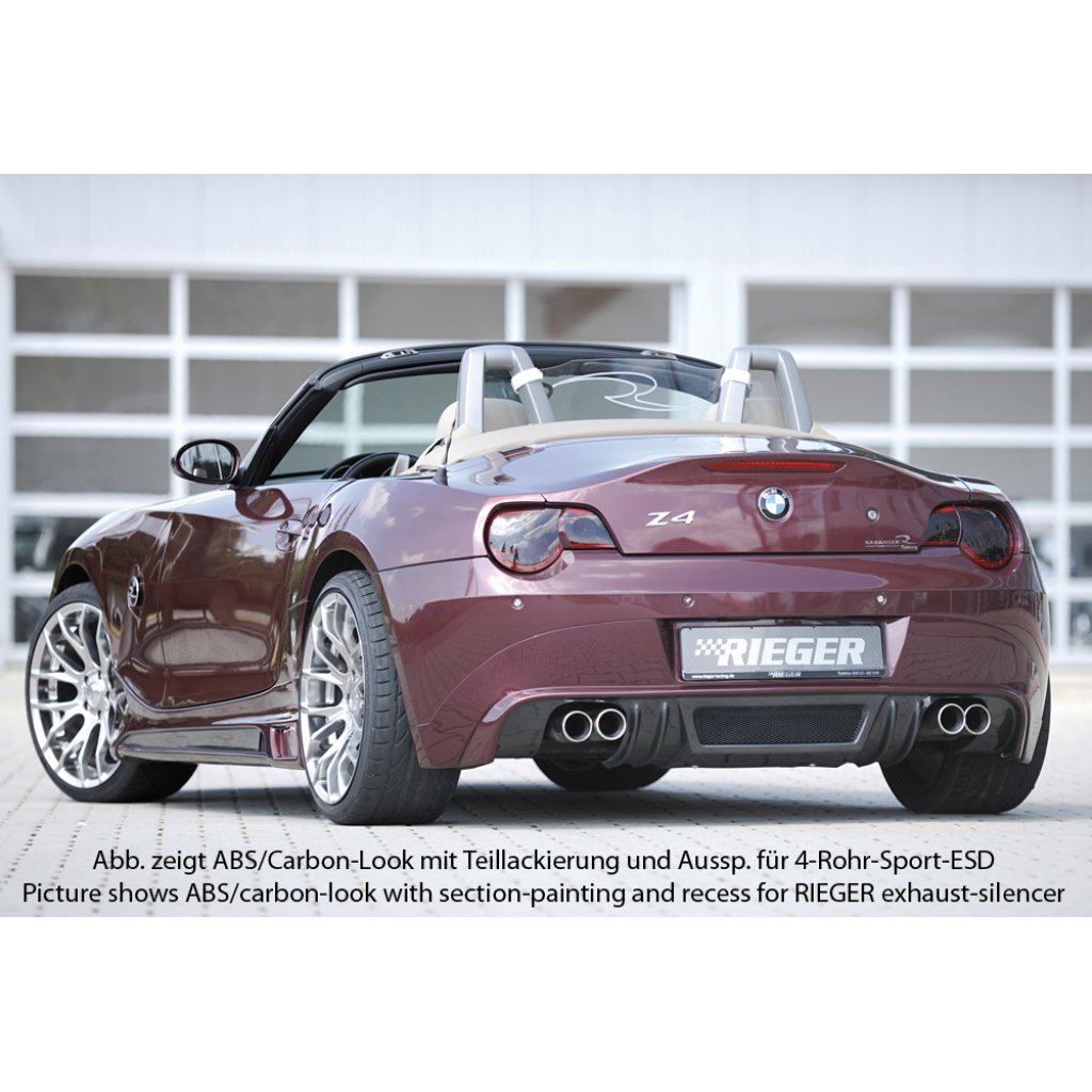 Rieger spoiler pod zadní nárazník pro BMW Z4 E85 roadster před faceliftem r.v. 02/03-12/05, plast ABS s povrchovou úpravou Carbon-Look, pouze pro 335i, pro orig. dvojitou koncovku vlevo