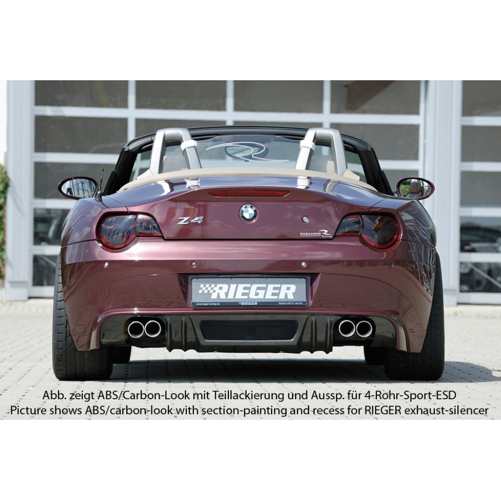 Rieger spoiler pod zadní nárazník pro BMW Z4 E85 roadster před faceliftem r.v. 02/03-12/05, plast ABS s povrchovou úpravou Carbon-Look, pouze pro 335i, pro orig. dvojitou koncovku vlevo