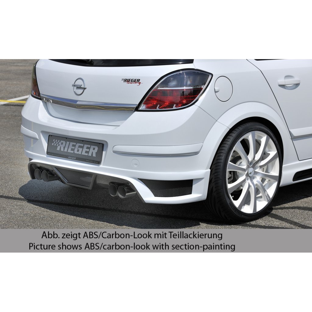 Rieger spoiler pod zadní nárazník pro Opel Astra H 5-dvéř., hatchback, notchback r.v. 03/04-, plast ABS s povrchovou úpravou Carbon-Look, pro dvojité koncovky na obou stranách