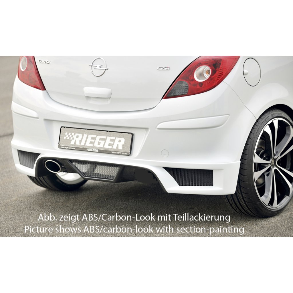 Rieger spoiler pod zadní nárazník pro Opel Corsa D 3-dvéř., 5-dvéř. vč. faceliftu r.v. 01/11-, 07/06-12/10, plast ABS bez povrchové úpravy, pro koncovku vlevo
