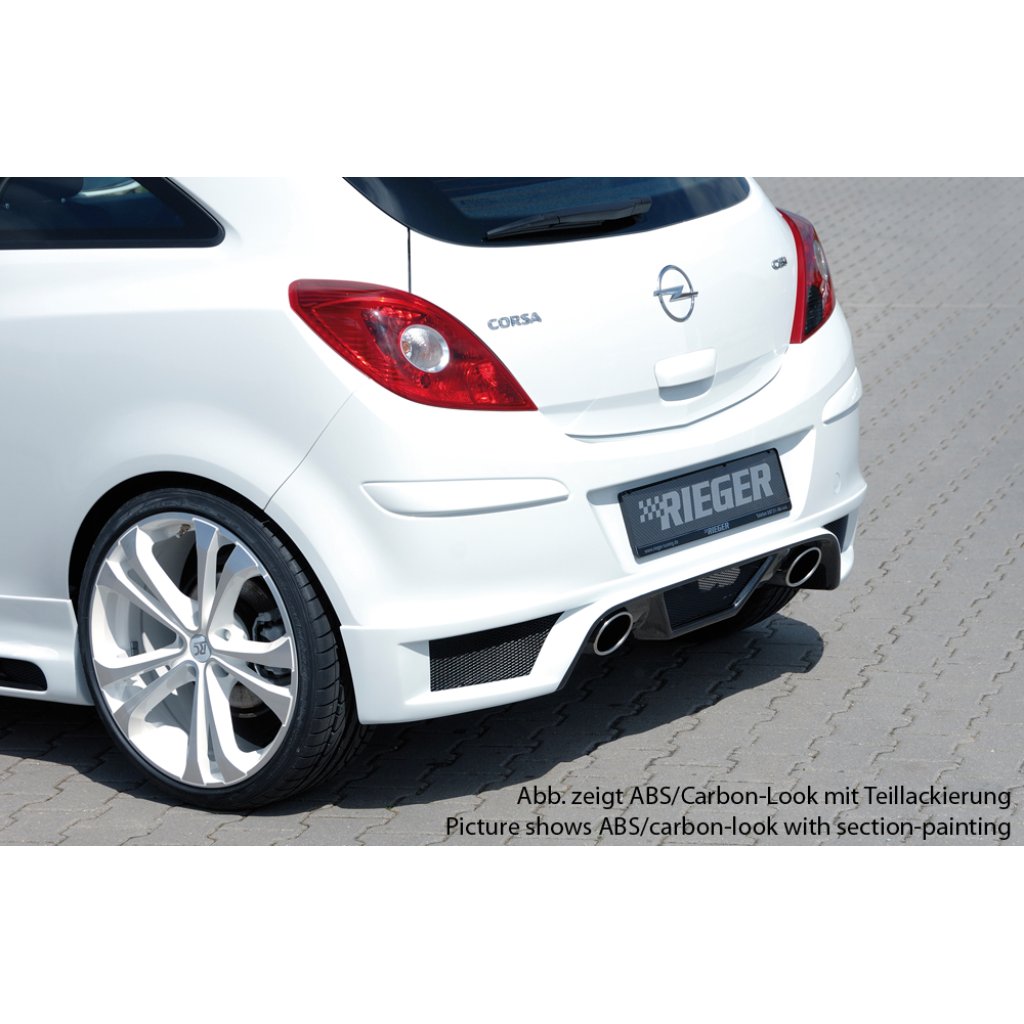 Rieger spoiler pod zadní nárazník pro Opel Corsa D 3-dvéř., 5-dvéř. vč. faceliftu r.v. 01/11-, 07/06-12/10, plast ABS bez povrchové úpravy, pro koncovky na obou stranách